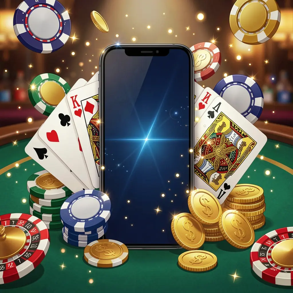 PGY777 mobile gaming application concept showing a smartphone surrounded by playing cards, roulette chips, gold coins, and sparkling lights in a premium casino style