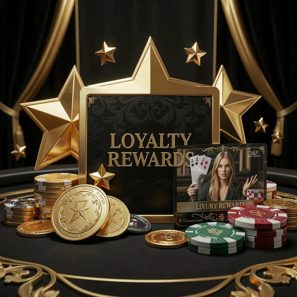 PGY777 loyalty rewards casino image featuring golden stars, poker chips, coins, and a luxury reward card on an elegant black and gold background in a realistic 3D render