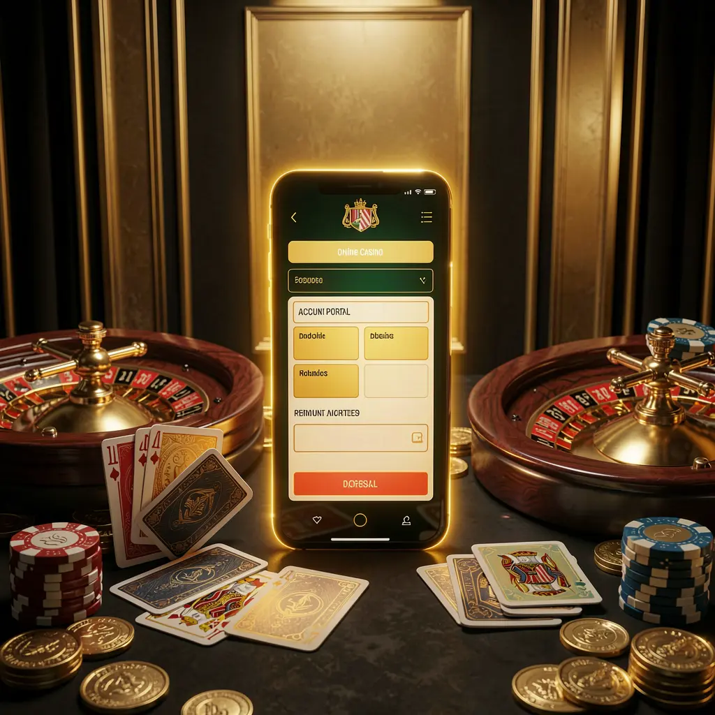 PGY777 online casino account portal featuring a glowing smartphone, premium cards, chips, roulette wheel, and coins against a black and gold background with cinematic lighting in a realistic 3D render