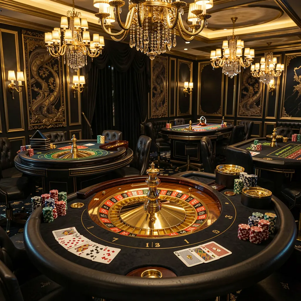PGY777 luxury online casino lobby with glowing roulette tables, golden lights, poker chips, and cards in a premium black and gold design